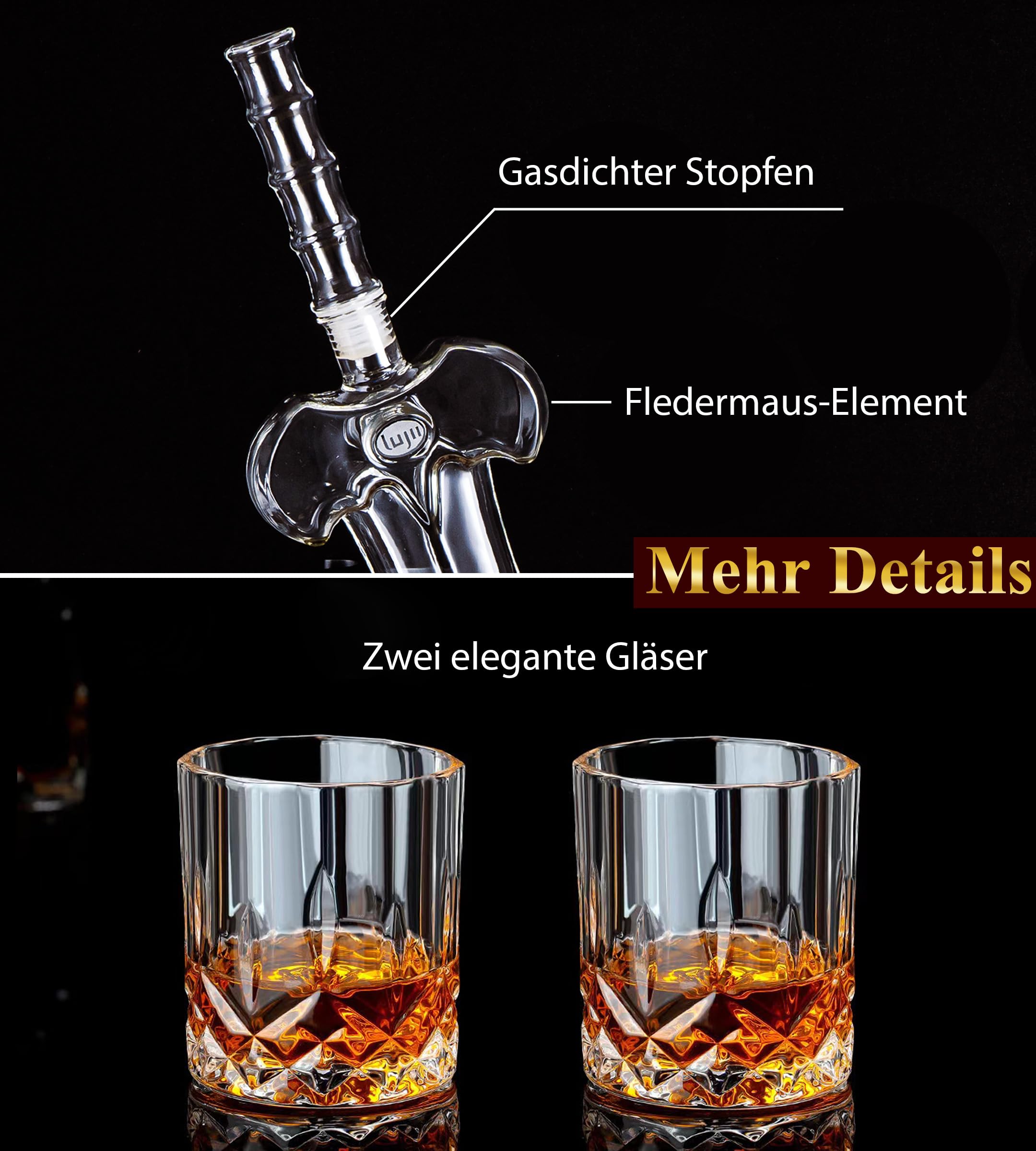 LUJII Heroisches Schwert Whisky Karaffe für Echte Männer, Whiskey Geschenkset mit 2 Gläsern und Holztablett, Personalisierte Geburtstag Hochzeitstag Geschenke für Papa, Ehemann, Freund, Sohn, 850ml