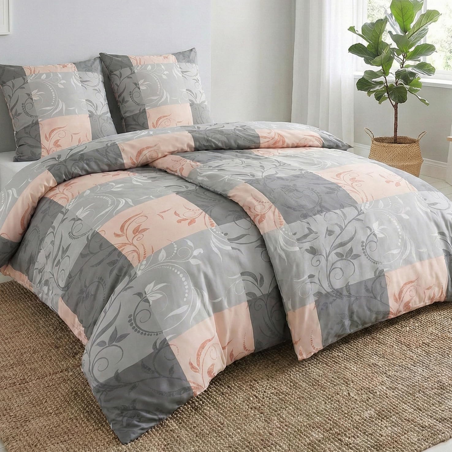 Kuscheli 4-teilige Bettwäsche 135x200 – Mikrofaser Oeko-TEX, 2 Bettbezüge 135x200 & 2 Kissenbezüge 80x80, Reißverschluss, weich & bügelfrei – Grau Rosa