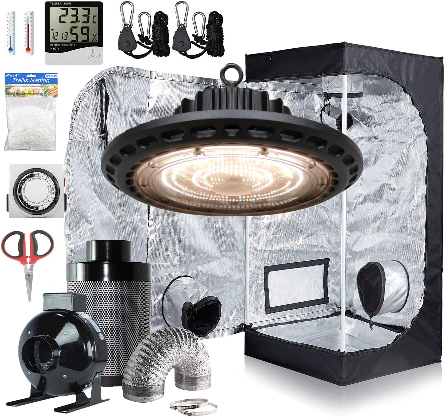 Indoor Growing Kit 24''x24''x48'' Small Grow Tent+UFO LED Grow Lights 100W+4'' Inline Fan Filter Kit+Thermometer+Outlet Timer+60mm Bonsai Shear+Plant Trellis Netting+Light Hangers