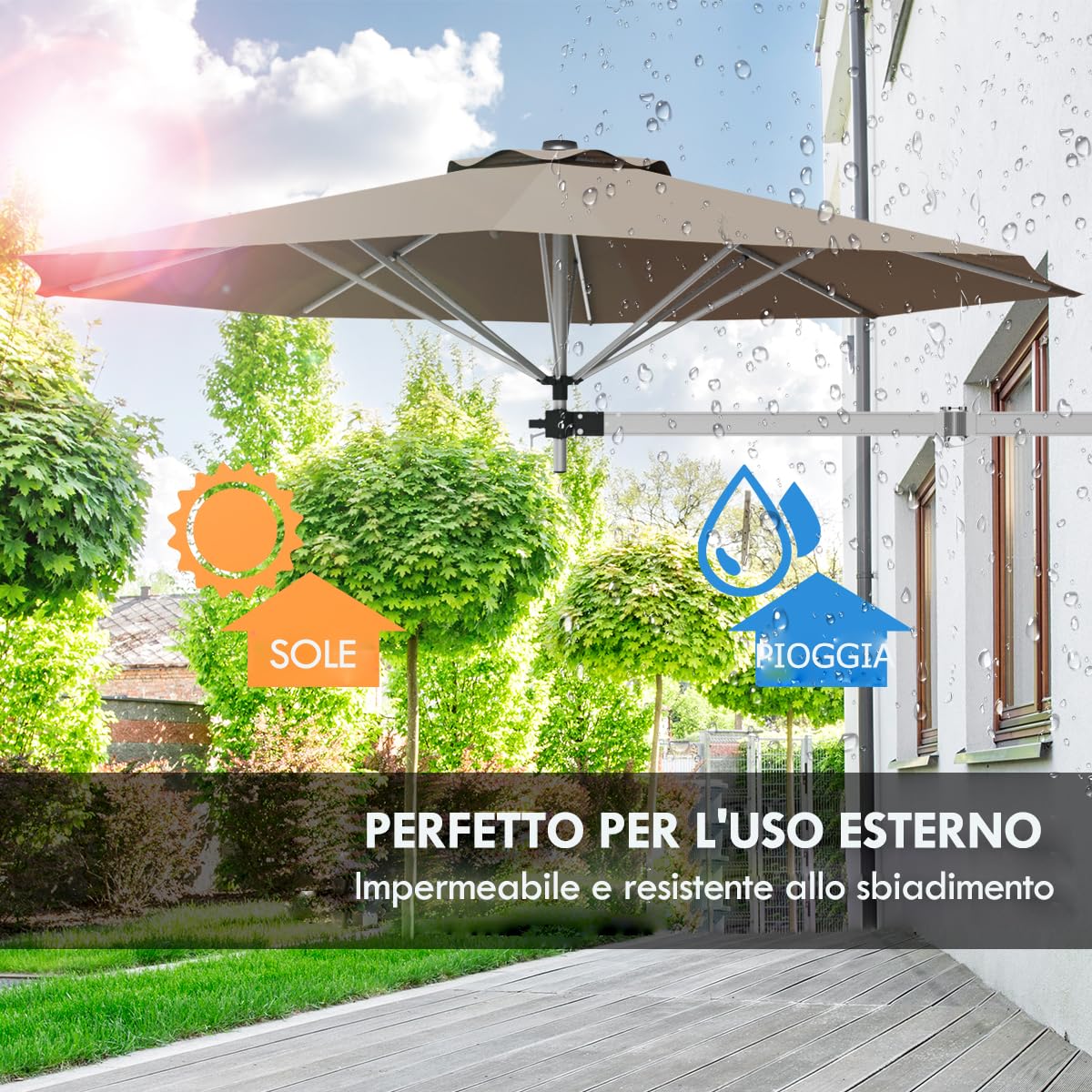 GYMAX Ombrellone da Parete a Braccio, con Testa Inclinabile e Supporto Regolabile, Ombrellone da Esterno con 8 Costole Robuste, per Balcone, Giardino, Cortile