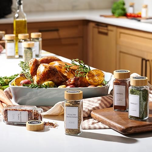 Miniatura 9 de Juego de 24 tarros de especias de vidrio con varias etiquetas, tapas y embudo de bambú, tarros de almacenamiento de cocina con tapa hermética,