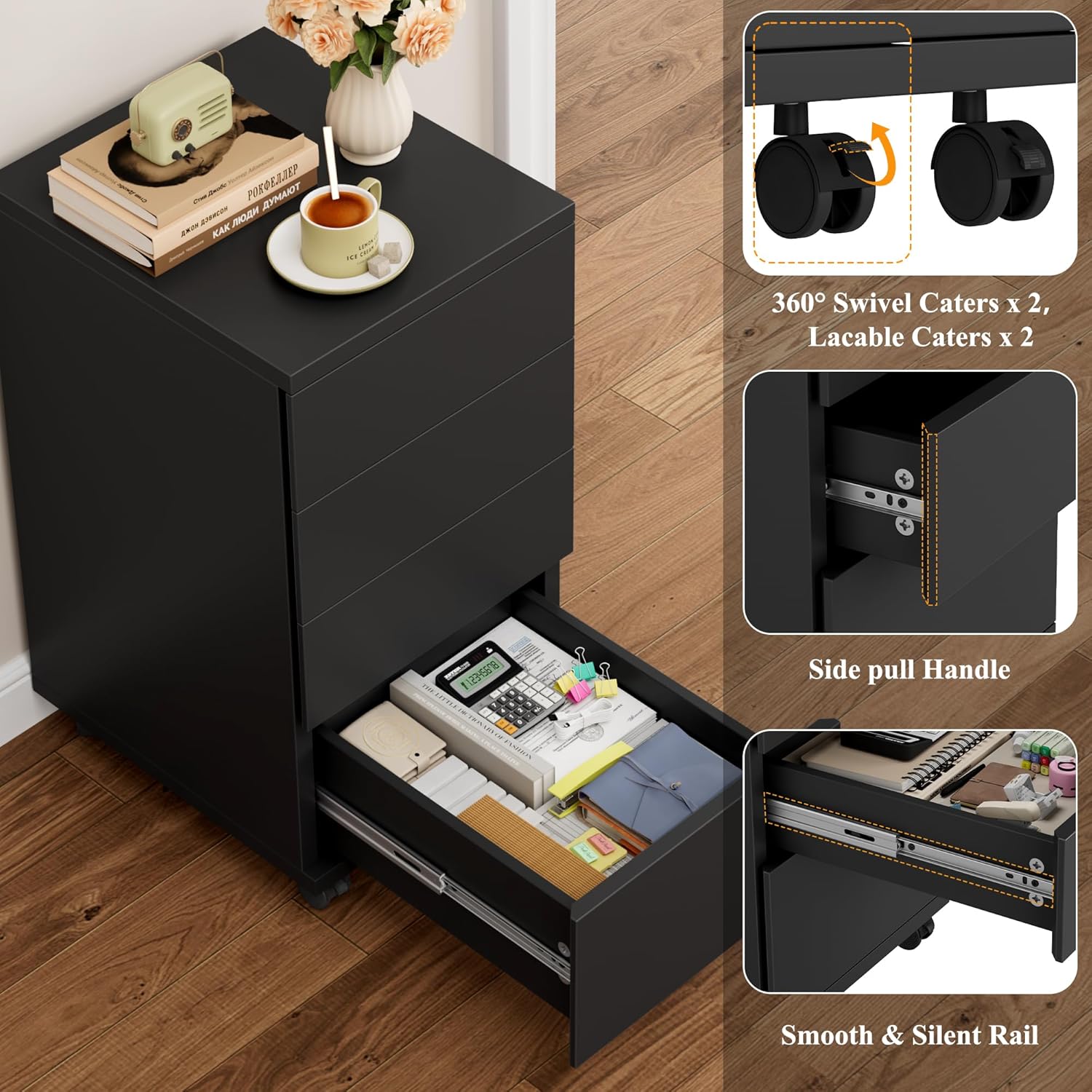 4-Drawers Chest, Mobile Under Desk Drawer with Locking Casters, Wooden Printer Stand with Wheels, Rolling Craft Storage Cabinet for Home Office, Black