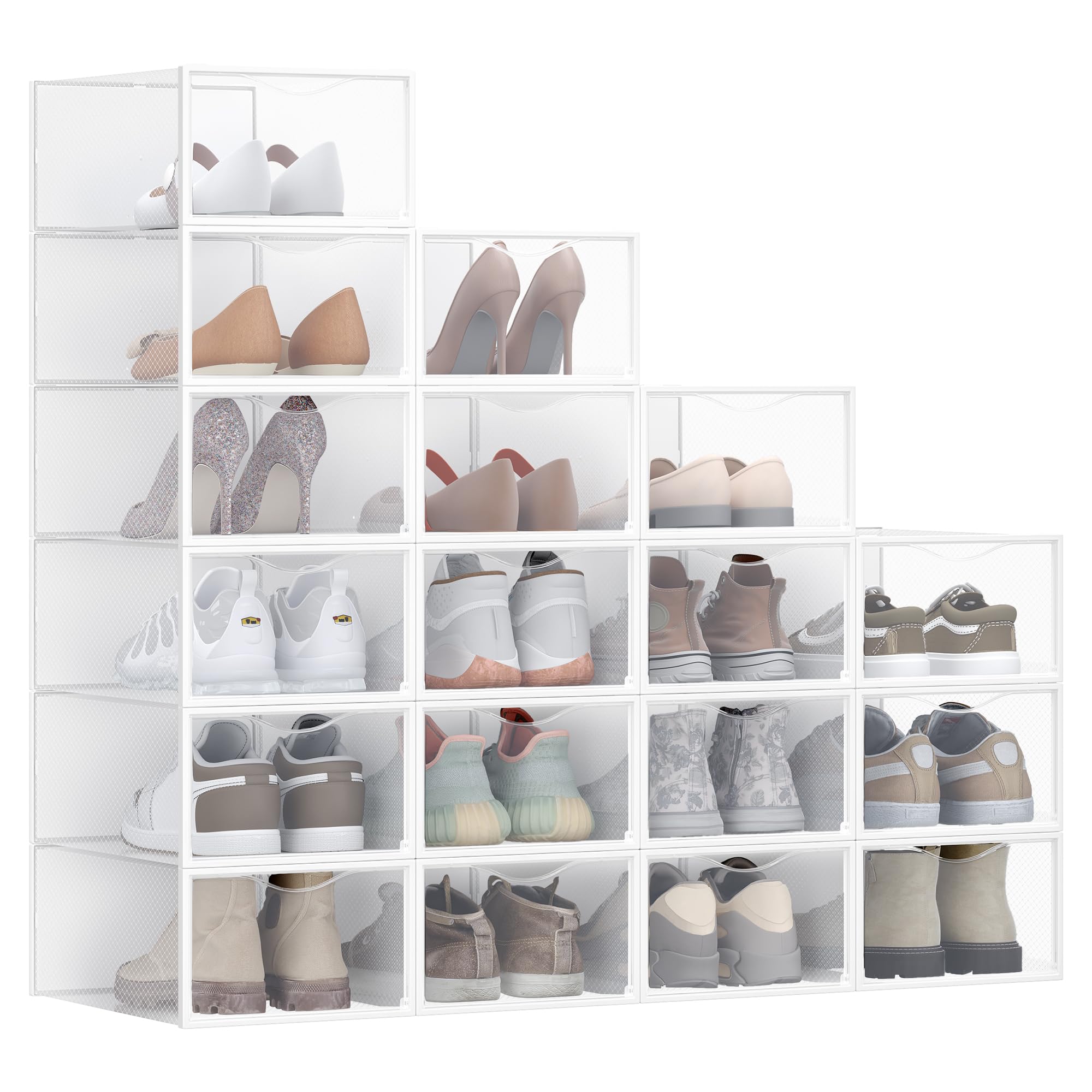 SONGMICS Cajas para Zapatos, Organizador de Zapatos de Plástico, con Puerta, Transparente, Juego de 18, Apilable, 33,2 x 23 x 14,5 cm, para Zapatos hasta 43, Transparente y Blanco Nube LSP318W01