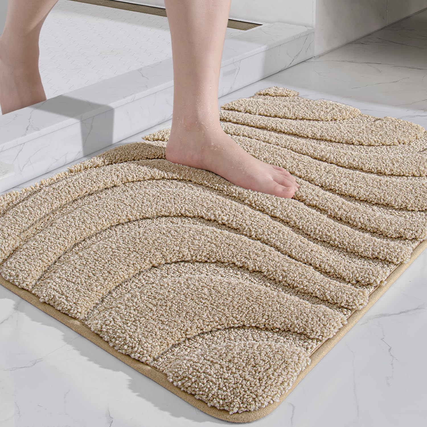 DEXI Bath Mat 40 x 60 cm, Non-Slip Ultra Absorbent Shower Floor Mats, Wave Pattern Microfiber Soft Rug for Toilet, Tub, Sink, Bathroom Accessories Decor, BeigeOEKO-TEX STANDARD 100