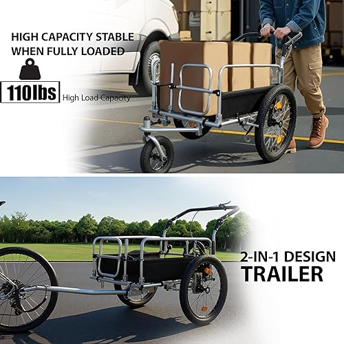 Miniatura 6 de LuckyNote: remolque de carga para bicicleta de alta resistencia 3 en 1, marco de acero compatible con bicicleta, capacidad de 110 libras, cochecito