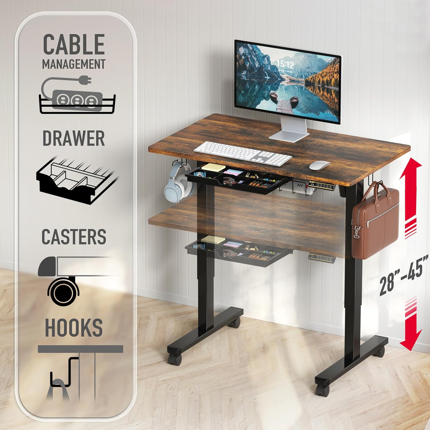 SHW 40-Inch Mobile Electric Height Adjustable Sit to Stand Desk in a home office setting with a monitor, keyboard, and mouse.