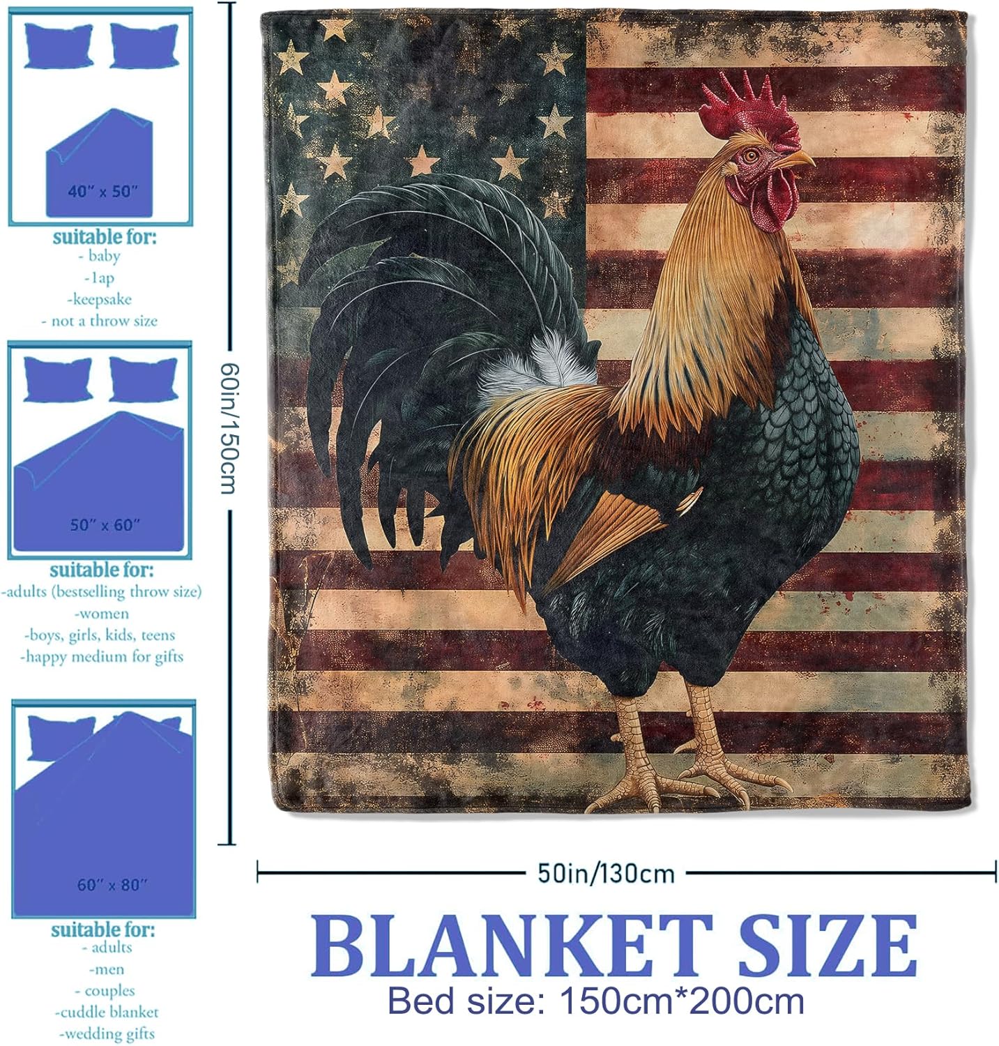 Patriotic Rooster Throw Blanket, 60x80 Inch, Farmhouse Style Flannel Throw for Home Decor, Vintage American Flag Rooster Gifts