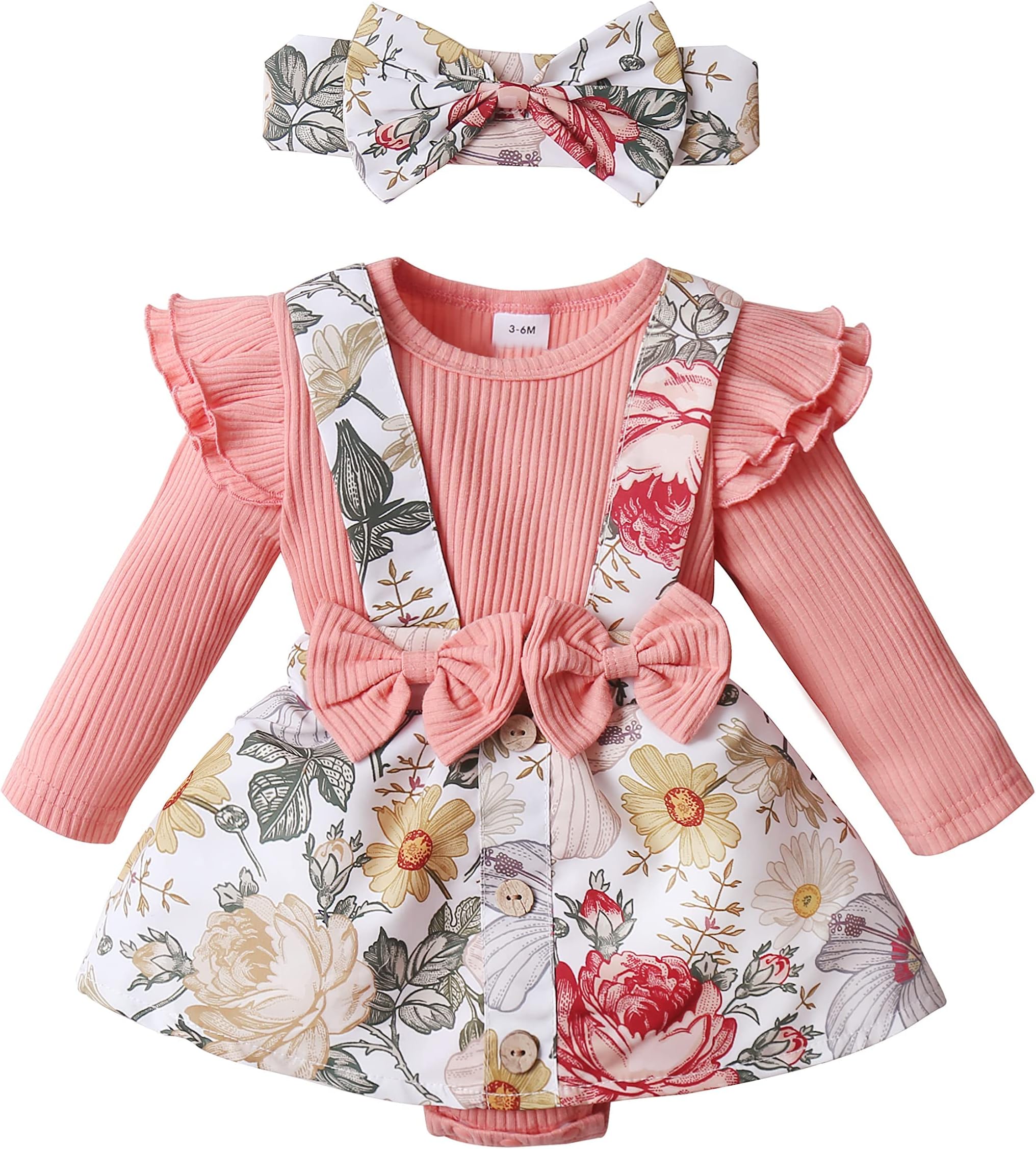 Newborn Baby Girl Clothes Infant Romper Floral Suspender Dress Ruffle Sleeve Onesie Outfit Jumpsuit Headband Spring Summer
