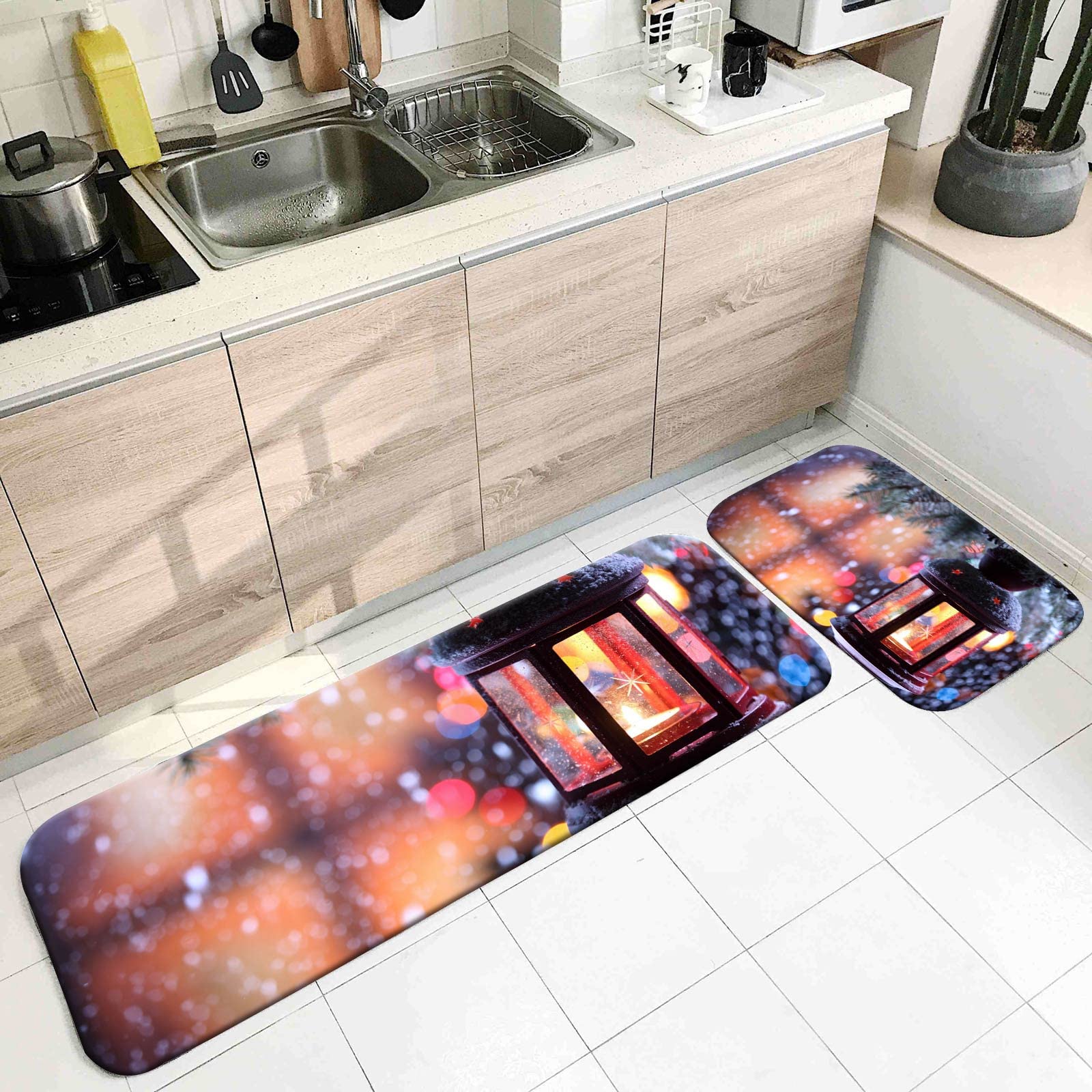 Tappetino Cucina Lungo, Zerbino Personalizzato Home Multicolori Lanterna del Vento nella Neve 50X80cm+50X160cm Ideale per Interni Domestici