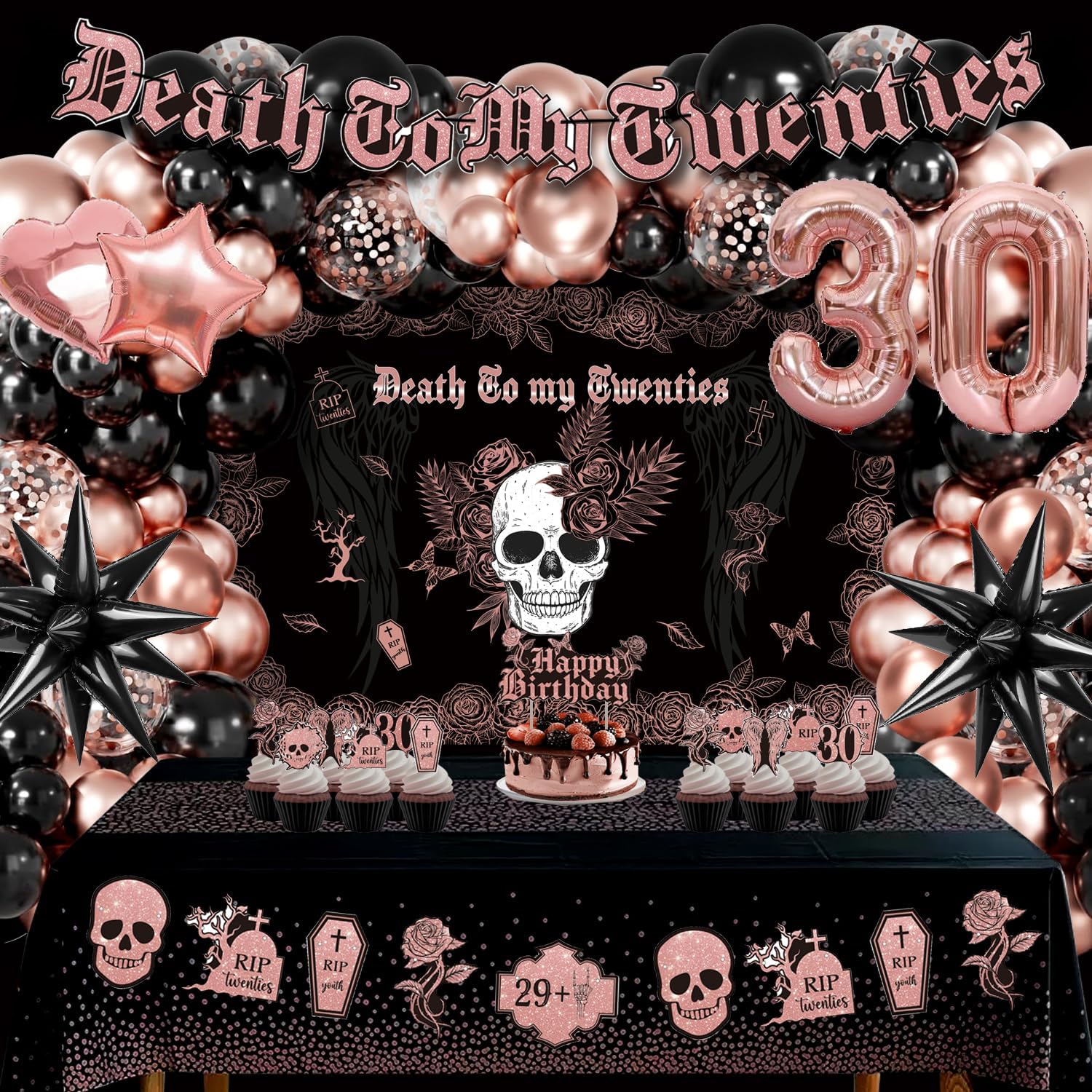 Death to My 20s Birthday Decorations for Her or Him - 30th Birthday Party Supplies, Black Rose Gold Balloons, Skull Backdrop, Death to My Twenties Banner, RIP Twenties Cake Cupcake Toppers