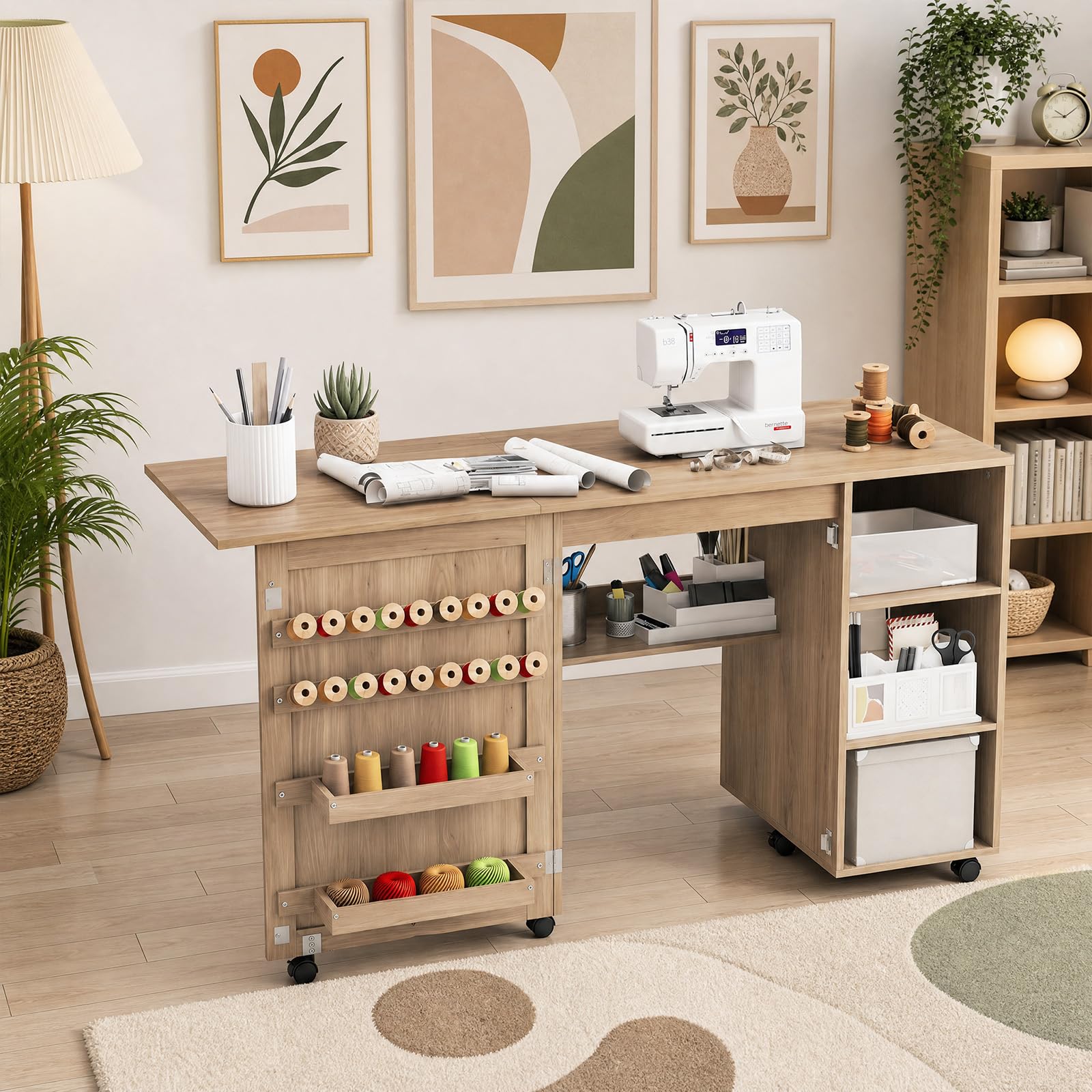GIANTEX Armario de Costura Plegable con 6 Ruedas (Marrón, sin Cajón) | Mesa de Coser con Estantes Abiertos y Portacarretes, 146x50x78 cm, Mesa Multiusos 2 en 1 para Dormitorio, Salón y Estudio
