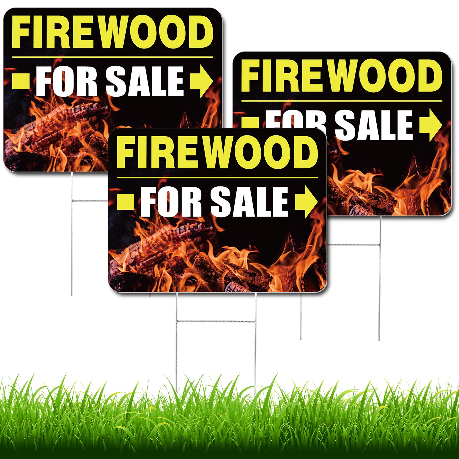 3 Pcs Firewood for Sale Yard Signs with Arrow Metal H Stakes 16 x 12 Inch Double Sided Large Firewood Sale Lawn Road Sign Weatherproof Plastic Yard Signs for Outdoor