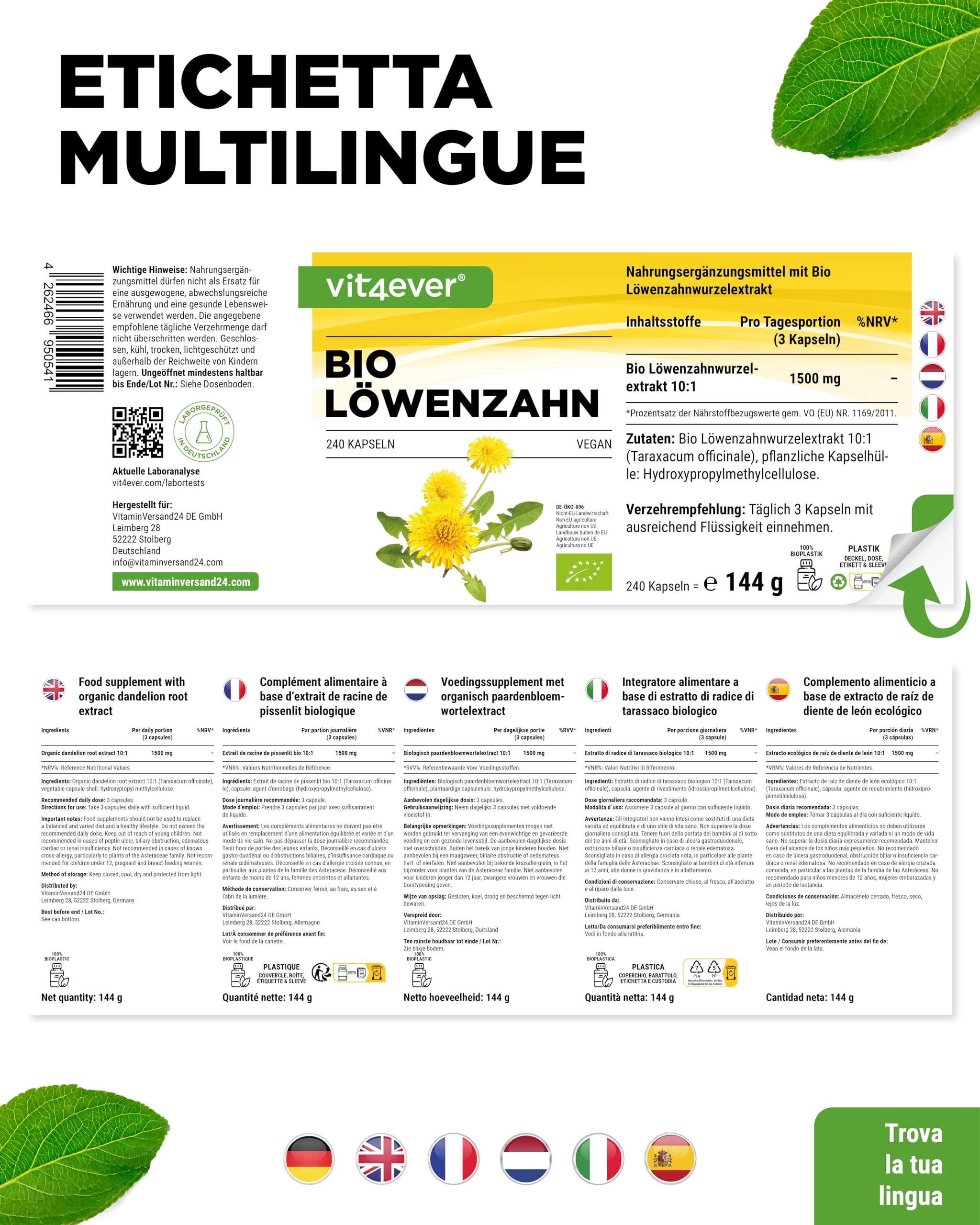 Tarassaco biologico - 240 capsule - 1500 mg di estratto di radice di tarassaco - Rapporto 10:1 altamente dosato - Vero estratto di Taraxacum officinale - Senza additivi - Vegan