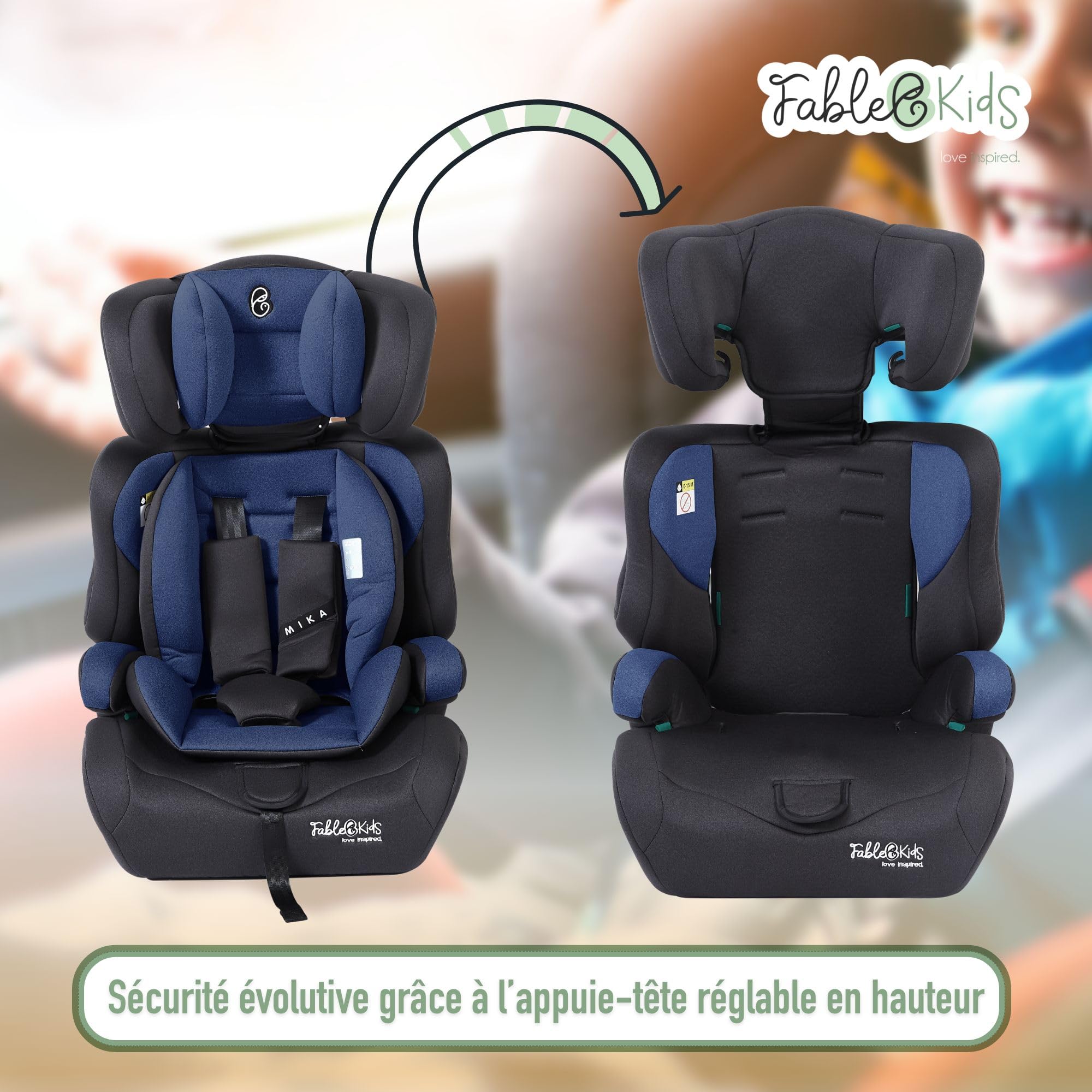 FableKids Siège auto pour enfants | Ceinture de sécurité à 3 points | à partir de 15 m. | 76-150 cm | ECE R129/03 | Réglable 44,5x41x68-75cm | Bleu