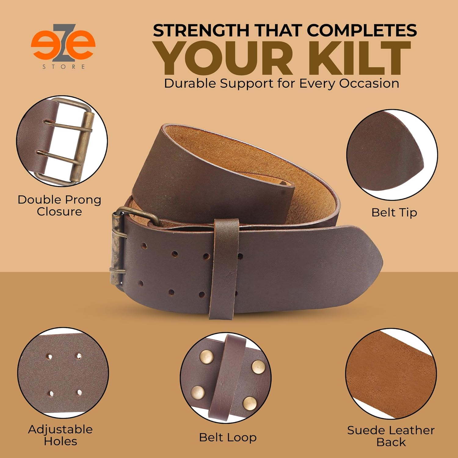 EZE Leather Kilt Belt-Heavy-Duty 2.5” Thick Genuine Plain Black and Brown Adjustable Fit-Rugged Appeal (Prong/Pin closure)
