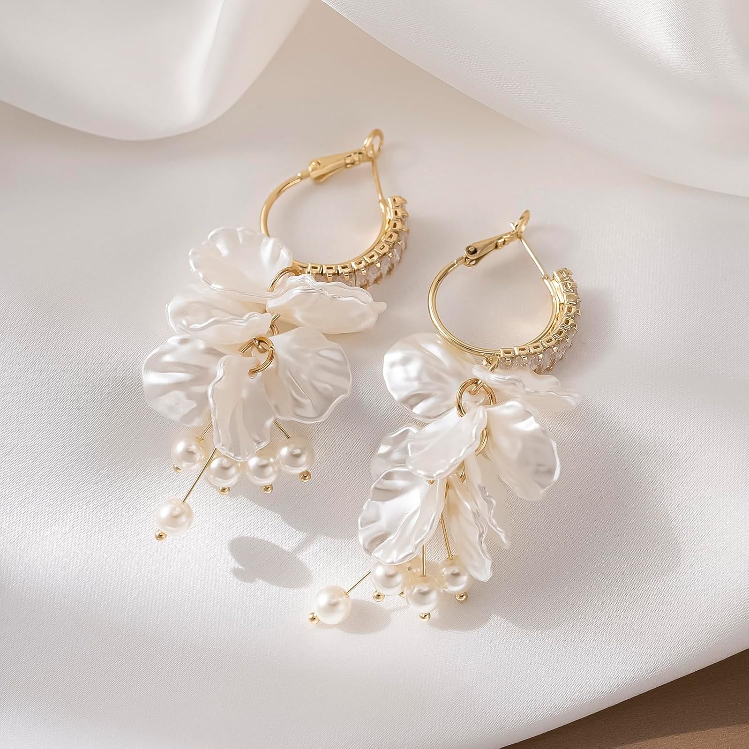 White Pearl Petal Flower Hoop Dangling Earrings For Women,Long Sparkly CZ Cubic Lightweight Women Jewelry Earrings For Wedding Party Bride Bridesmaid - Image 5