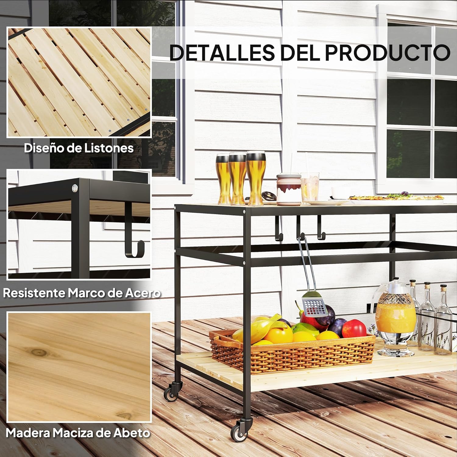 Close-up images showing product details: slatted wood design, sturdy metal frame, and solid fir wood material.