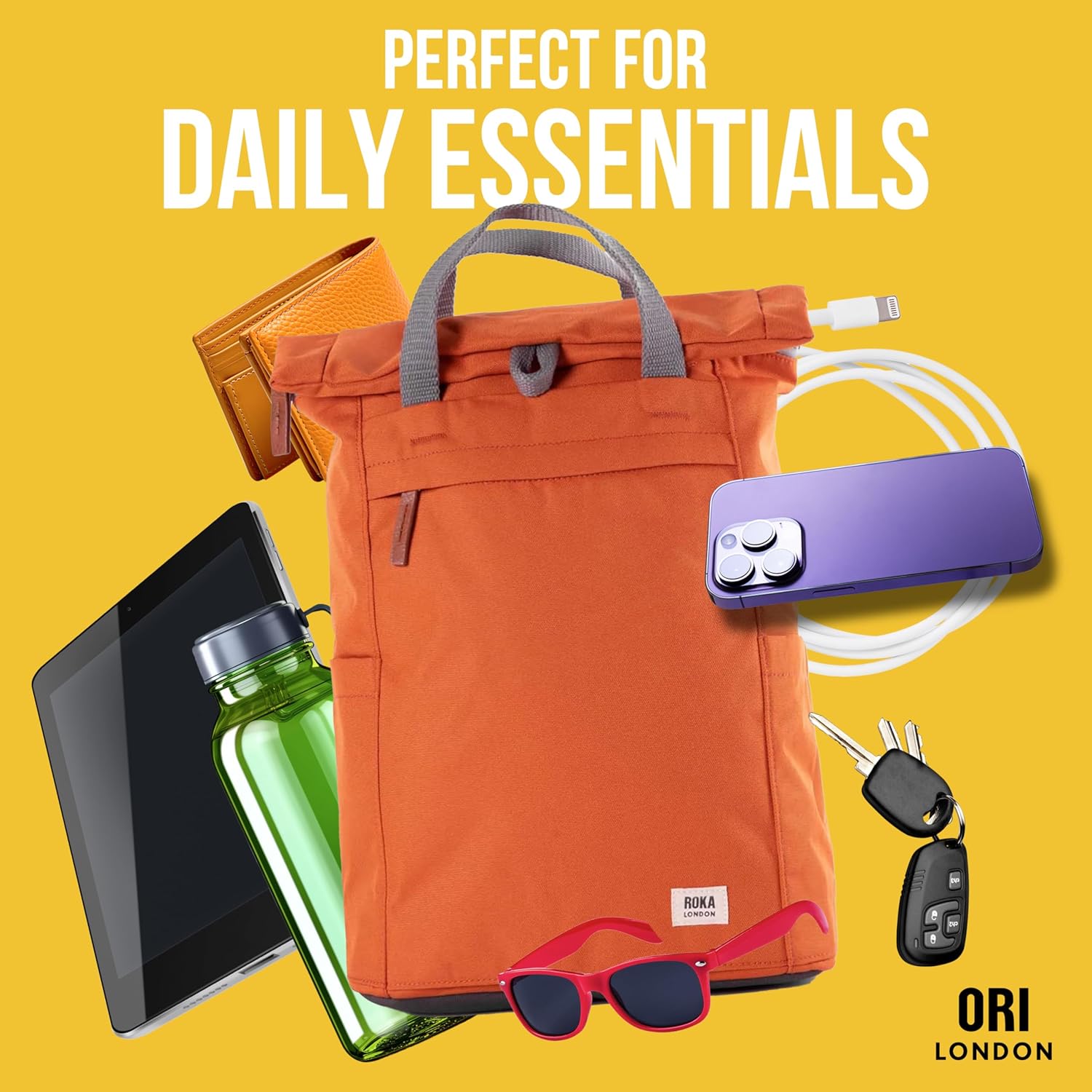 ORI LONDON Travel Backpack - Medium Water-Resistant Nylon Rolltop Laptop Backpack for Men & Women - The Finchley - Atomic Orange - Image 5