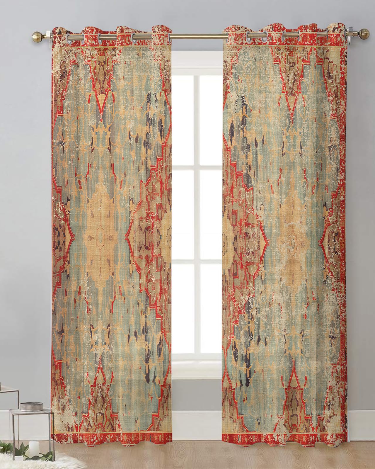 Geometric Boho Sheer Curtains 84 Inch Length 2 Panels Set, Grommet Kitchen Curtains Sheer Window Curtain for Living Room Bedroom Light & Airy Privacy