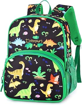 Kasqo Toddler Backpack, Water Resistant Preschool Kids Bookbag Kindergarten Daycare Schoolbag for Boys and Girls 3-6 Years,Black Dinosaur