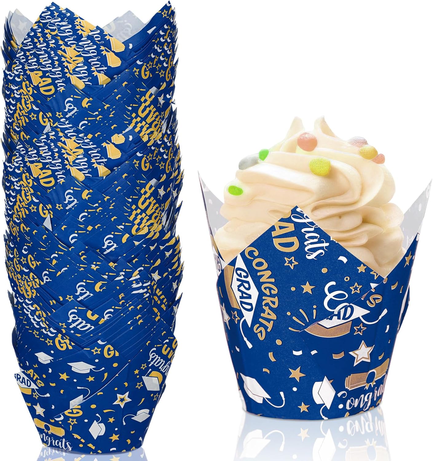Nuenen 200 Pcs Graduation Tulip Cupcake Liners Bulk 2026 Congrats Grad Paper Baking Cup Greaseproof Muffin Liners Holders Graduation Cap Cake Paper Cup Tulip Cupcake Wrappers for Party(Black, Gold)