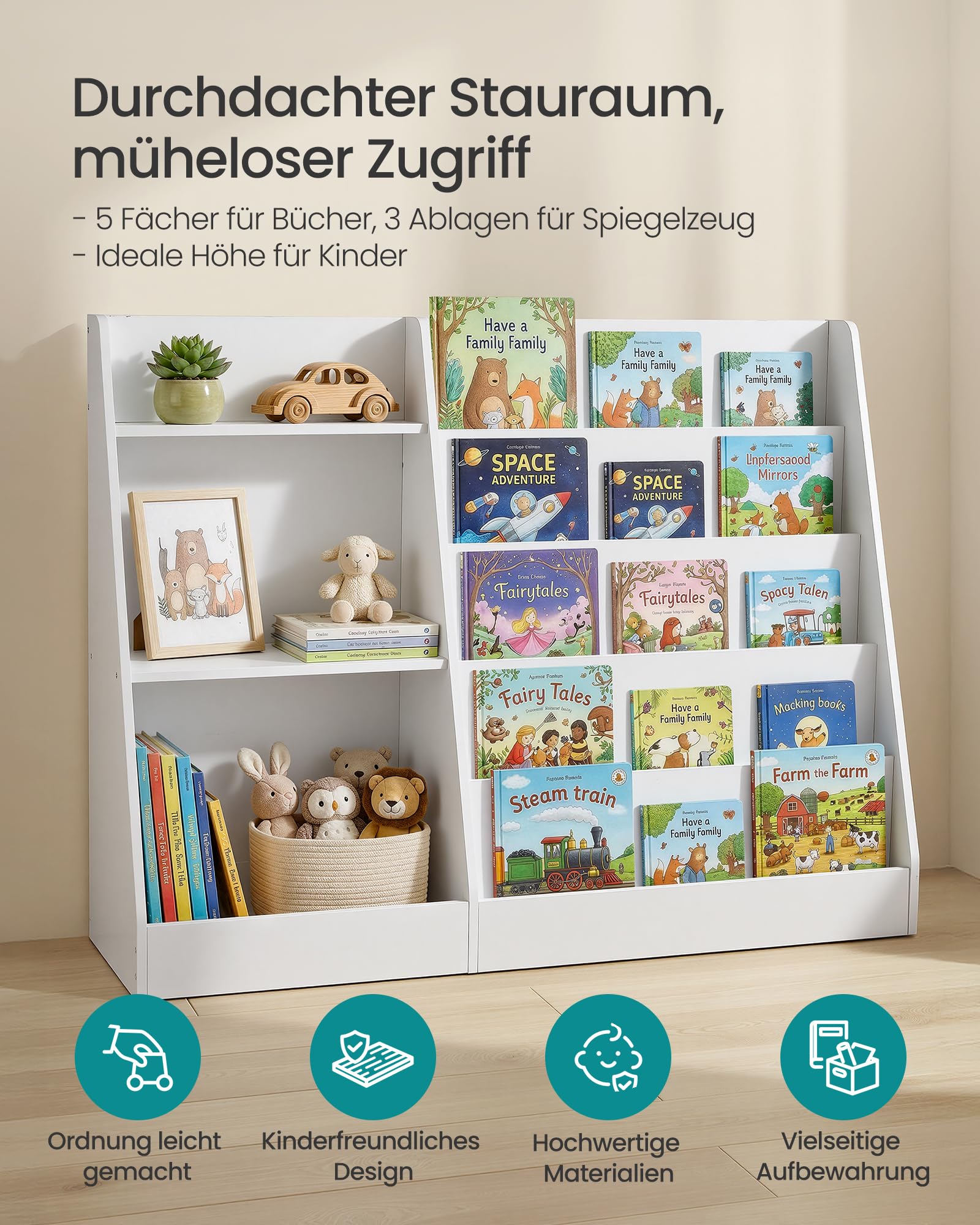SONGMICS Custos Kollektion - Bücherregal Kinder, Spielzeugregal, Kinderregal, Montessori Regal mit 5 Ebenen, Kinderzimmer-Regal, für Leseecke, 30 x 103,6 x 80 cm, wolkenweiß GKR077WZ01