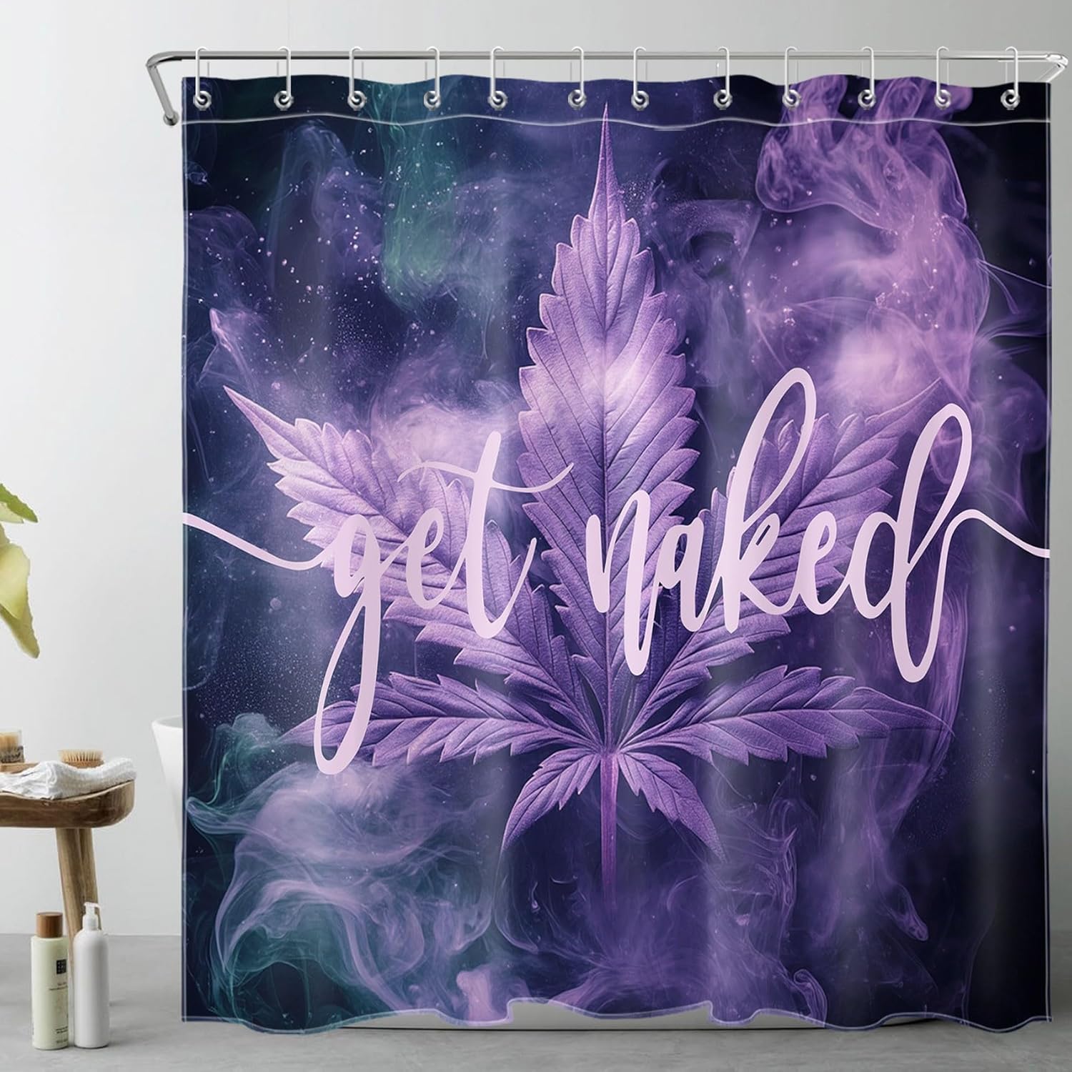 EOBTAIN Purple Weed Shower Curtain Set Watercolor Foggy Marijuana Leaves with Funny Quotes Bathroom Curtains Shower Set Get Naked Bathroom Sets with Shower Curtain and Rugs 72x72 Inch