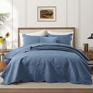IR Imperial Rooms Queen Quilt Bedding Set Size (90" x 96") + 2 Pillow Shams (20" x 26"+ 2") - 3 Pcs All Season Lightweight Reversible Microfiber Coverlet Floral Embossed Quilt Bedspread (Light Blue)