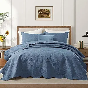 IR Imperial Rooms Queen Quilt Bedding Set Size (90" x 96") + 2 Pillow Shams (20" x 26"+ 2") - 3 Pcs All Season Lightweight Reversible Microfiber Coverlet Floral Embossed Quilt Bedspread (Light Blue)