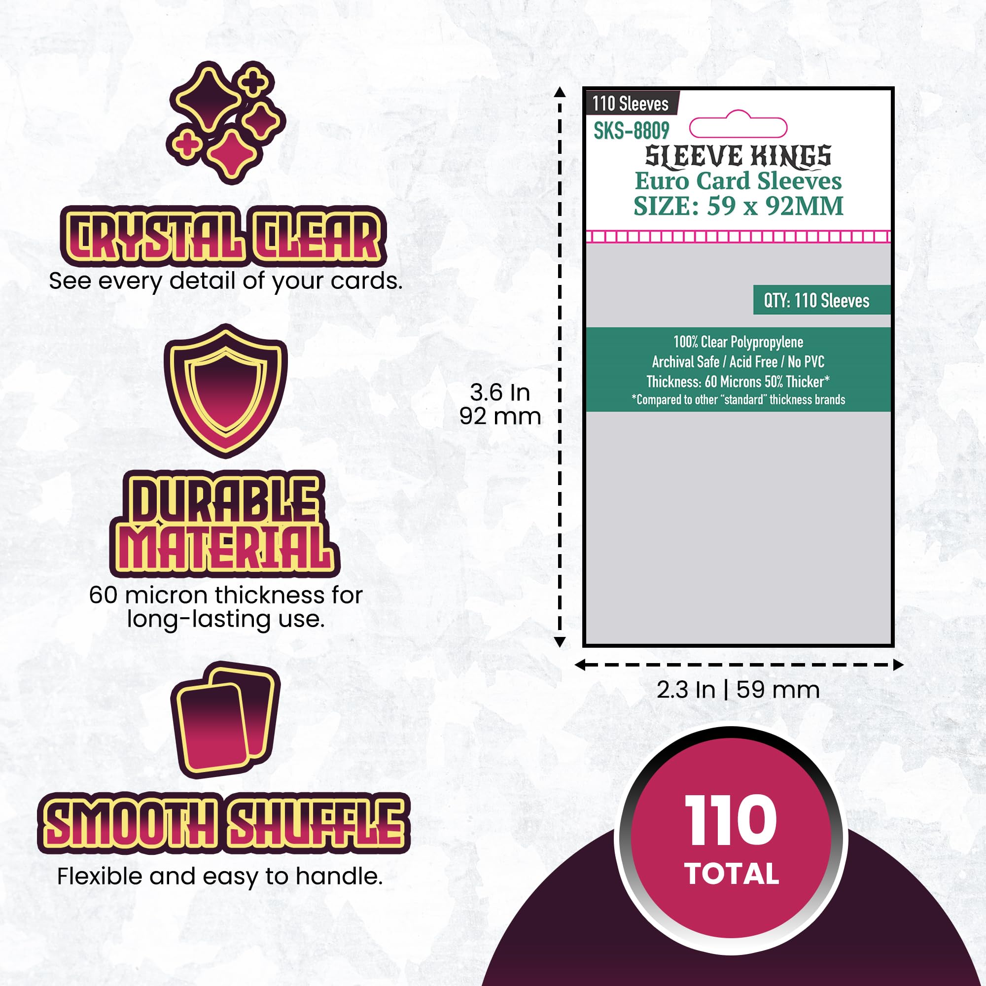 59 x 92 card sleeves Amazon.com: Sleeve Kings Standard Card Sleeves – 110 Count, Clear 60 Micron  Thickness, Medium Euro Size (59 x 92 mm), Compatible with Dominion & More –  SKU: SKS-8809 : Toys & Games