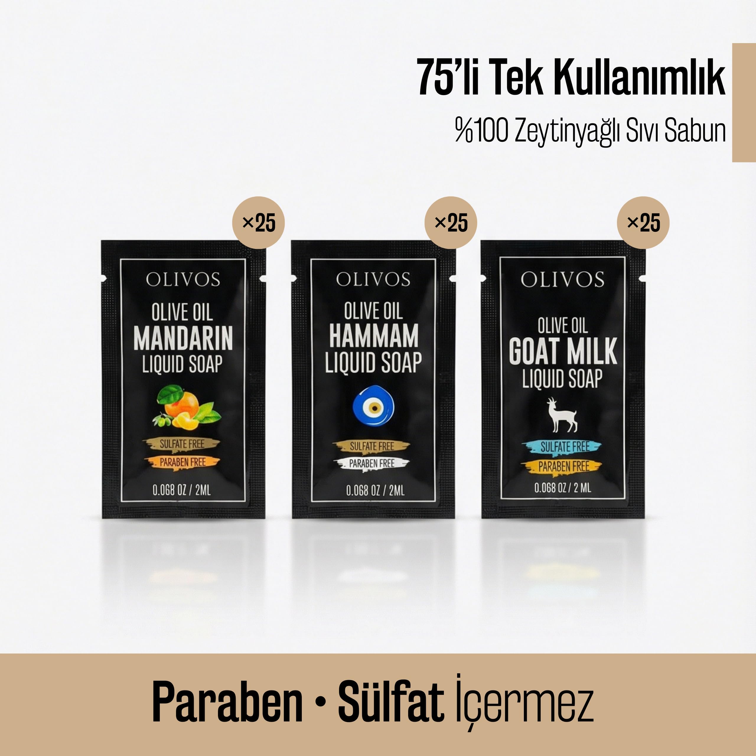 OLIVOS Tek Kullanımlık Zeytinyağlı Sıvı Sabun Seti, 2 ml x 75 Adet, Mandalina Hamam Keçi Sütü Serileri, Okul Seyahat Otel için, Paraben ve Sülfat İçermez, El Temizliği