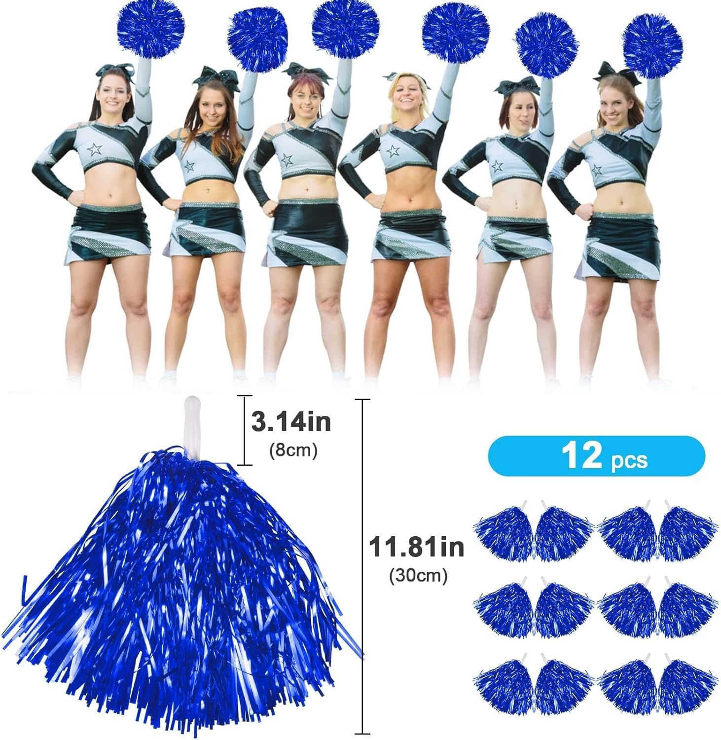 Funmo 12 PCS Pompones de Animadora, Pompones de Porrista de 6 Colores Pompones para Bailar con Mango de Plastico Pompones Cheerleader Pompones para Animar para Competición Deportiva Fiesta de Baile — view 2