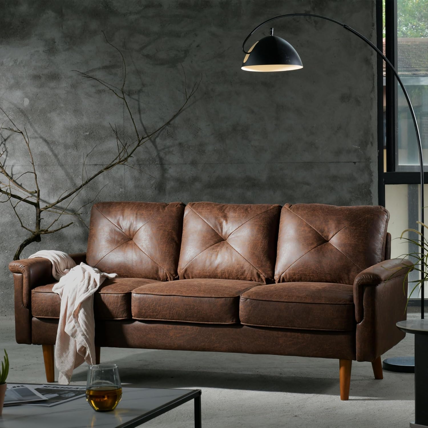 72'' 3-Seater Deep Seat Sofa Couch, Mid-Century Modern Couch, Brown Faux Leather Small Couches for Apartment, Living Room, Bedroom(Dark Brown)