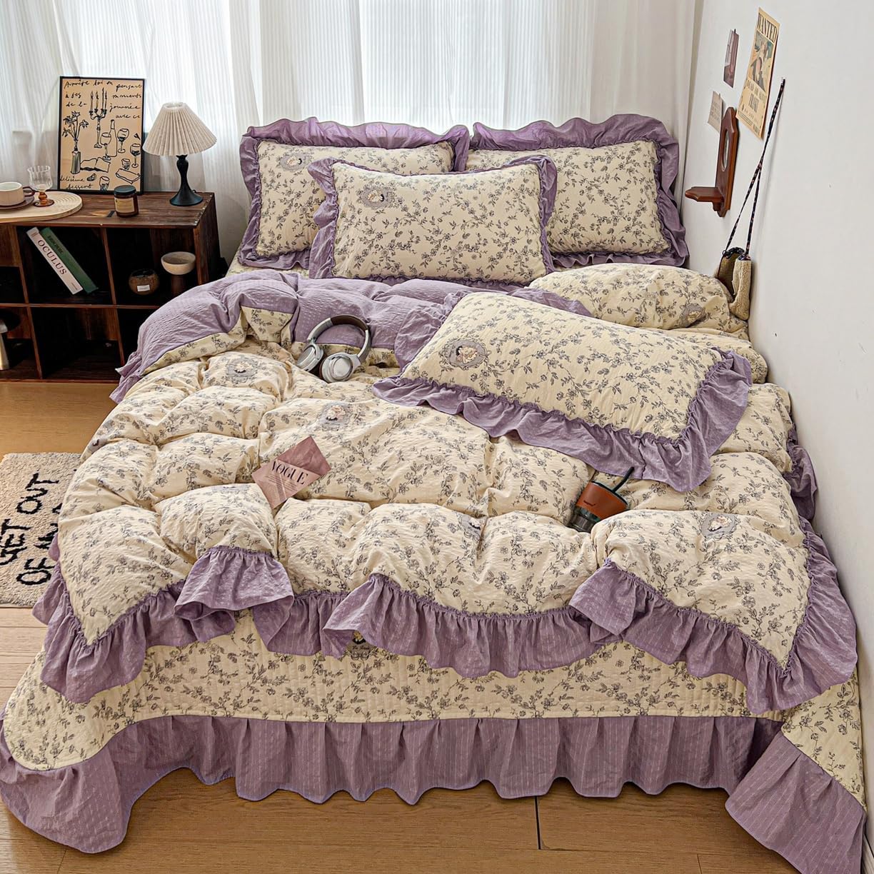 4 Piece Bedspread Set with Ruffled Bed Skirt, Puff Gauze Quilt Cover Set, Soft Polyester Bedding with Pillow Shams, Floral Polka Dot Pattern Dark Night Rose Queen Size