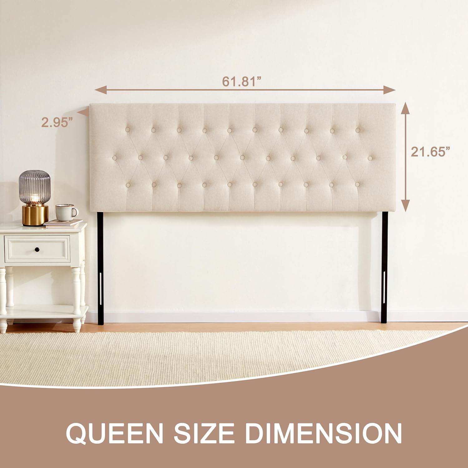 Tufted Upholstered Headboard Queen Size, Solid Wood Head Board with Durable Metal Legs, Adjustable Height Bed headboard from 37” to 51” Fabric Headboard in Modern Button Design, Beige