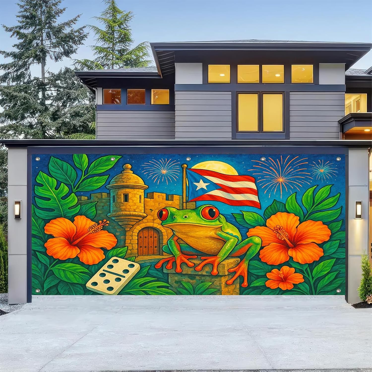HOMETITUTE Puerto Rico Garage Door Banner 13x6ft Tropical Island Decoration VibrantFrog Flag Fortress Photo Prop Background for Cultural Pride Garage Door Background Outdoor Festive Scene Display