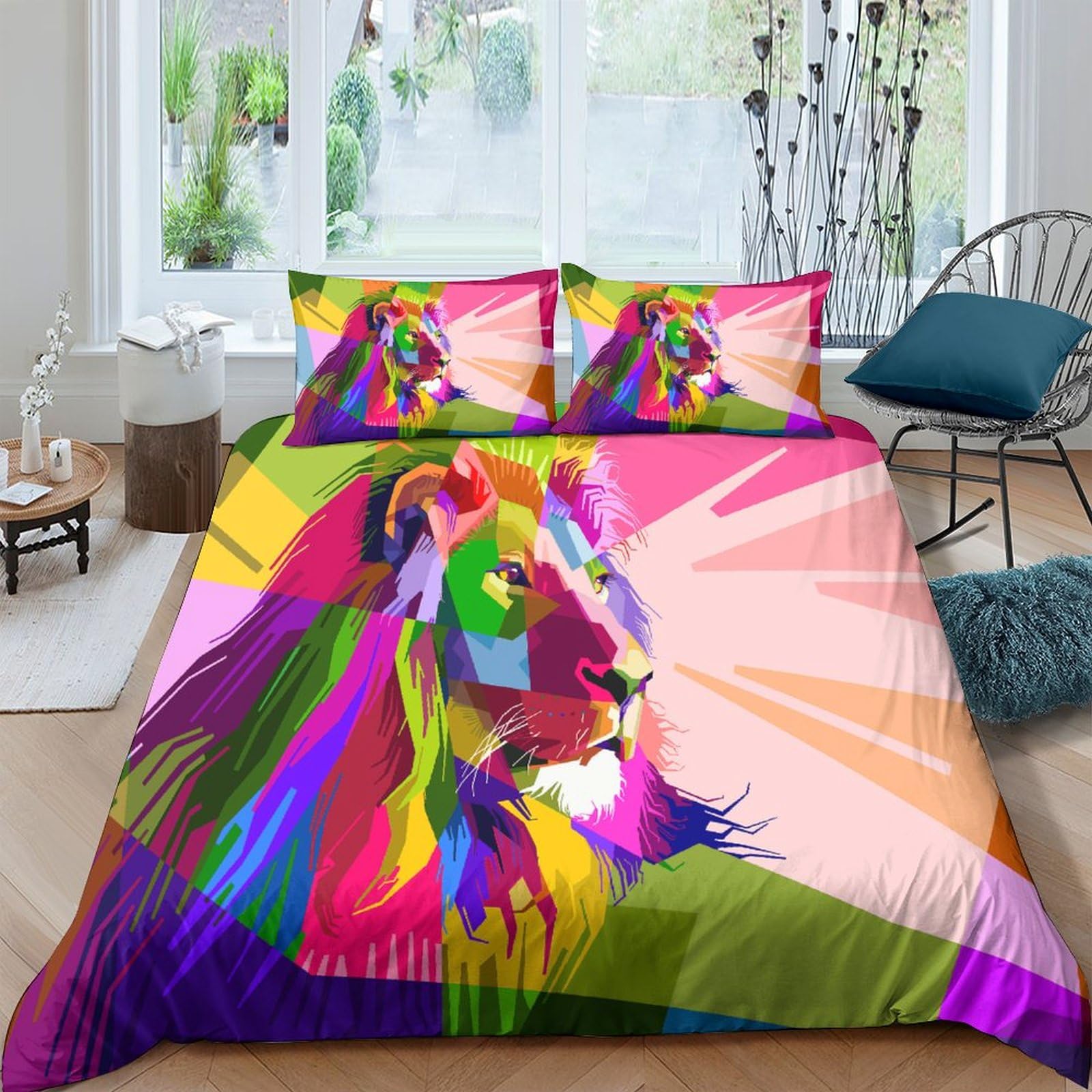 Housse de couette lion 3D multicolore microfibre fermeture éclair 200x200