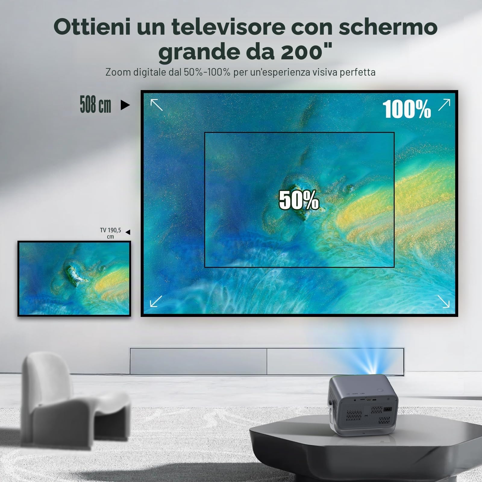 【Proiettore autofocus con supporto girevole a 360°】Mini proiettore 4K supportato, 20000L Native 1080P WiFi6 Bluetooth, 50% zoom videoproiettore home cinema 300'' compatibile con TV Stick/smartphone