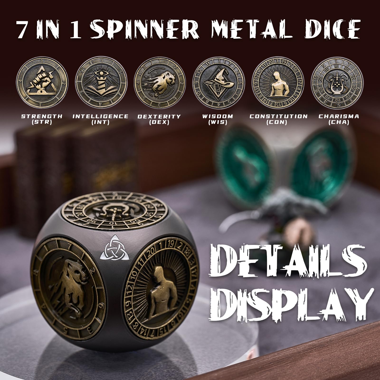 Dé Rotatif DND 7 en 1 en Métal, Dé 6 Faces pour Jeu de Rôle Donjon et Dragon, D4 D6 D8 D10 D12 D20 D00, Dé Spinner RPG avec Coffret Cadeau (Noir Bronze Mat)