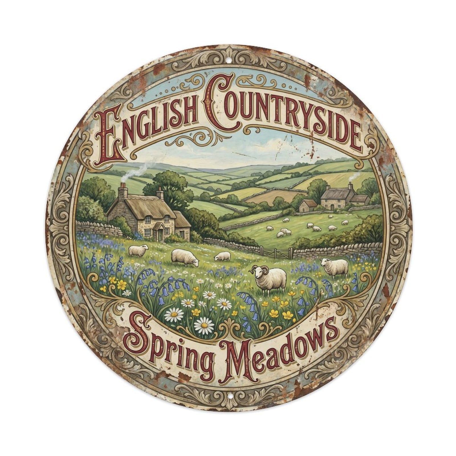 Vintage Travel English Countryside Spring Metal Tin Sign Plaque Wall Decor for Cafe, Club, Garden Round Metal Poster 8x8Inch