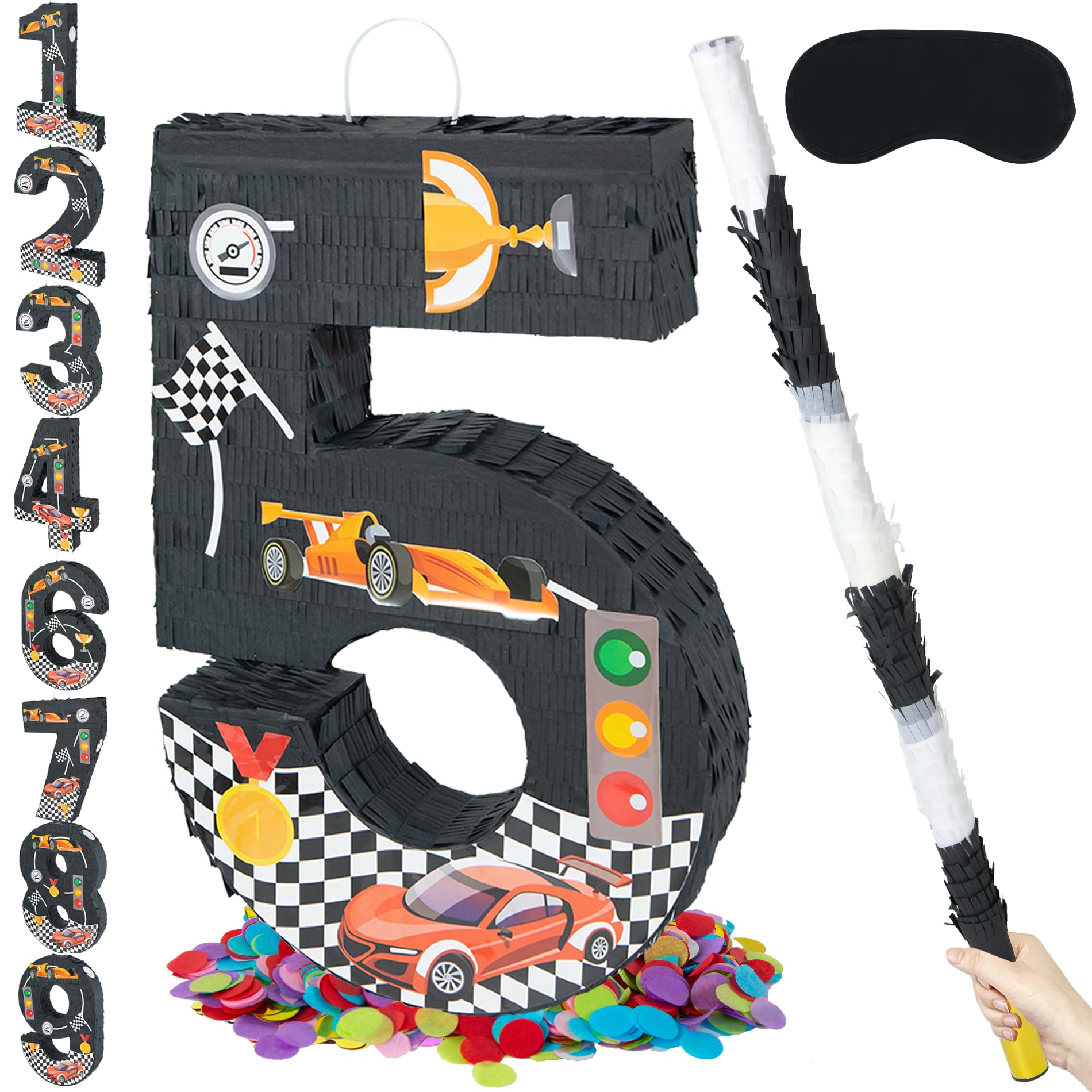 PCFING Piñata de coche de carreras número 5 de 20 pulgadas con palo de piñata de 30 pulgadas, confeti para niños, niñas, adultos, carreras, decoraciones de fiesta de cumpleaños, celebración de