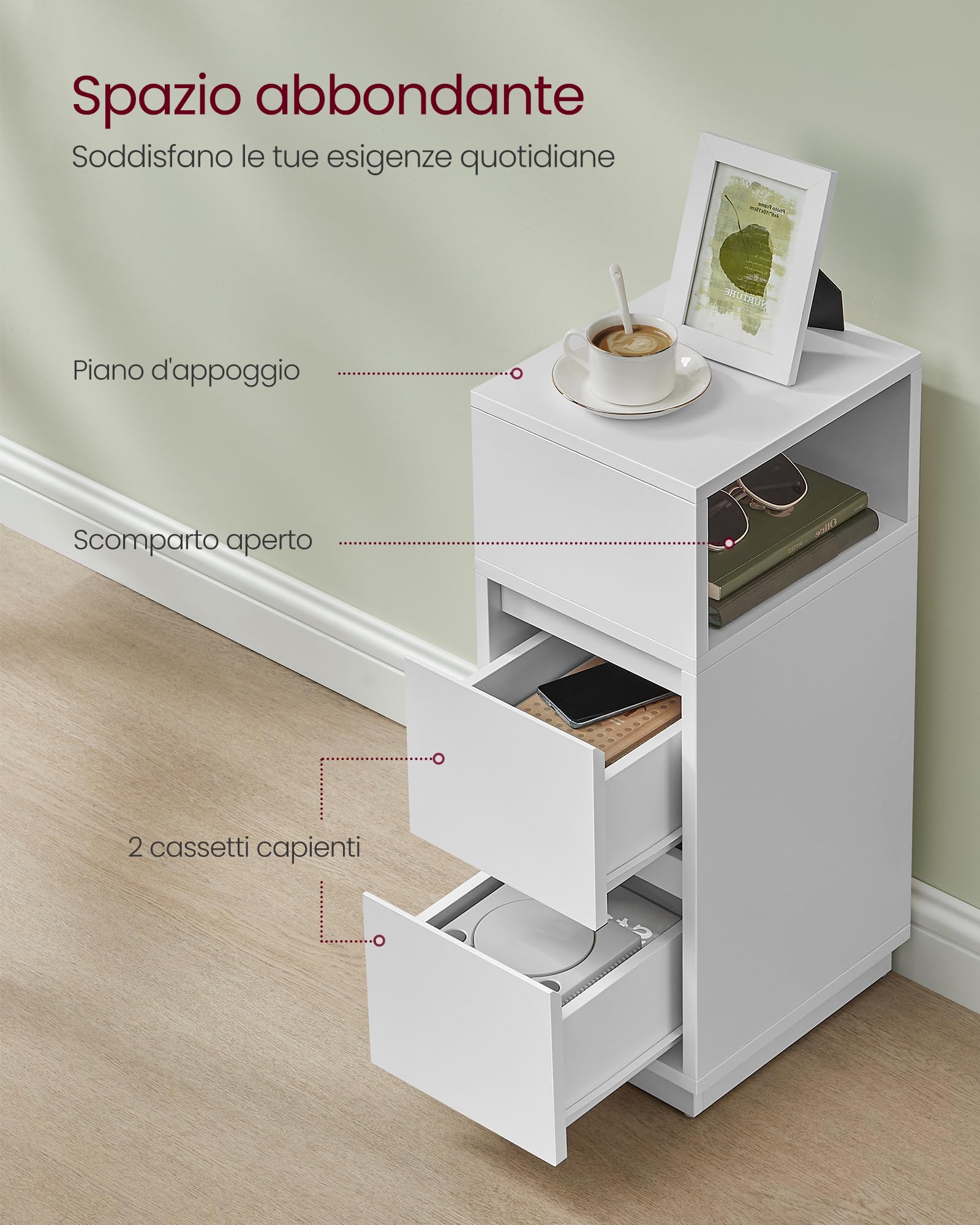 VASAGLE KAILYN Collezione - Comodini Stretti, Set di 2, Tavolini con 2 Cassetti e Scomparto verso Sinistra o Destra, per Camera da Letto, Soggiorno, Moderno, Bianco Nuvola LET856W01