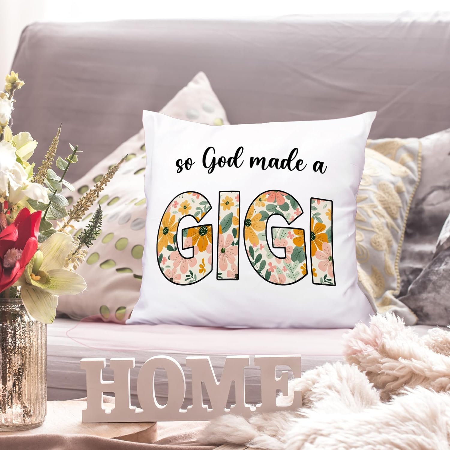 Gigi Grandma Gifts Decorative Throw Pillow Covers, So God Made A Gigi Gifts for Grandma Mother's Day Christmas Birthday, Black Floral Pillow Cases Decor for Bed Couch Bedroom 18x18in - Image 2