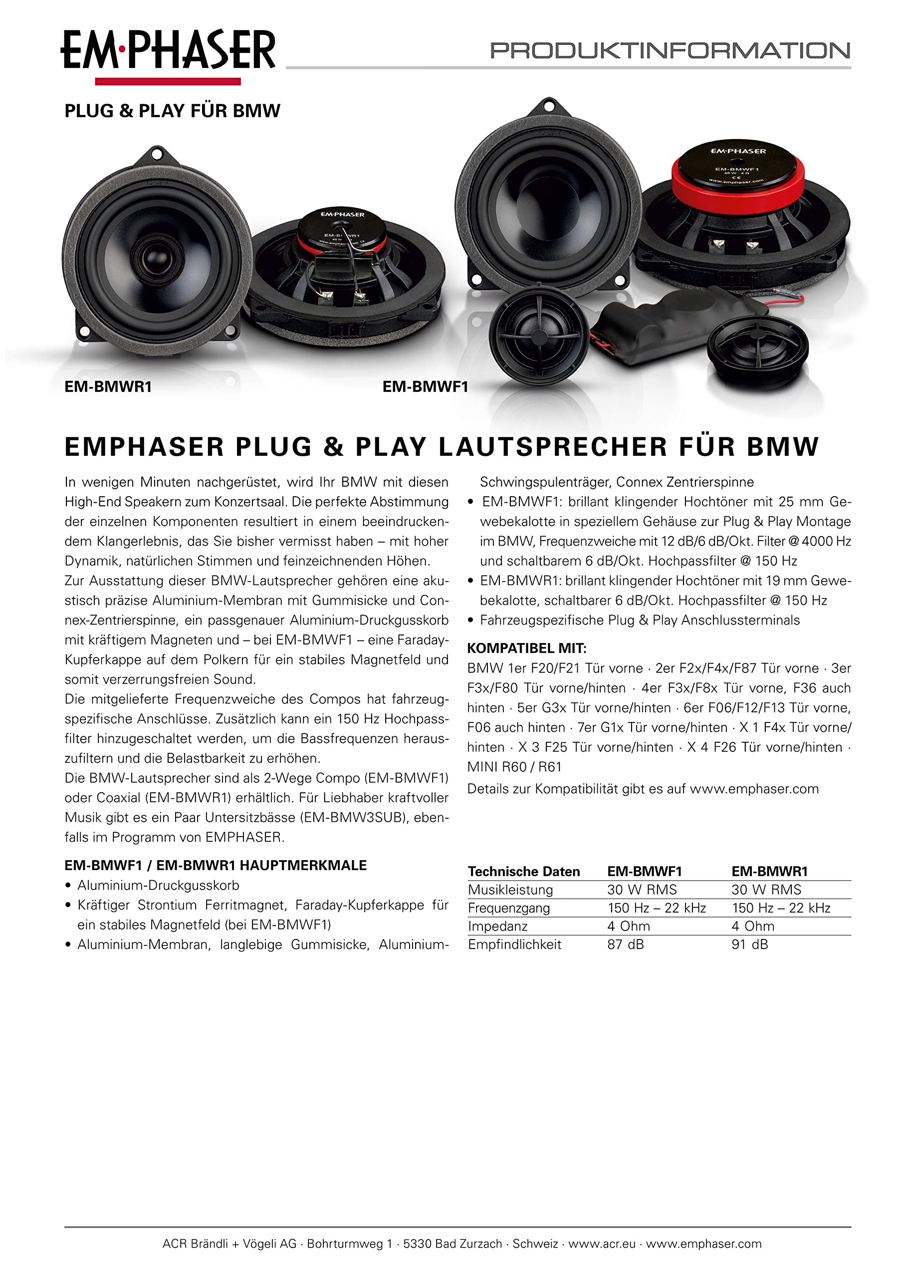 EMPHASER EM-BMWR1 – 10 cm Koaxial System, Autolautsprecher, kompatibel mit BMW und MINI, Plug & Play Lautsprecher Set für Türeinbau