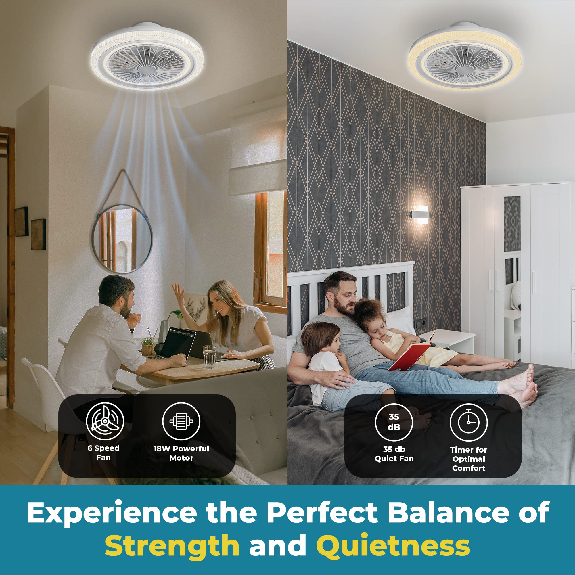 WEETOR 18 W, 6 Speed Ceiling Fan with Lights Led 45W and Timer, Ceiling Light Flush Mount Compact Design with Quiet Fan, Reversible Enclosed Ceiling Fan with Light - Brightness/Color Adjustment