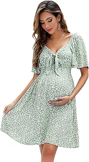 FUNJULY Maternity Dresses for Baby Shower Women's Knotted V Neck Knee Length Wrap Baby Shower Dress