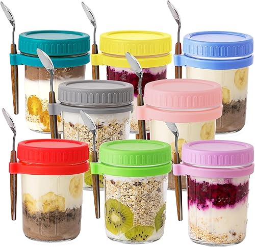 Famyards Paquete de 6 recipientes de avena con tapas herméticas y cucharas, tarros de vidrio de 16 onzas con marcas de medición, tarros de avena