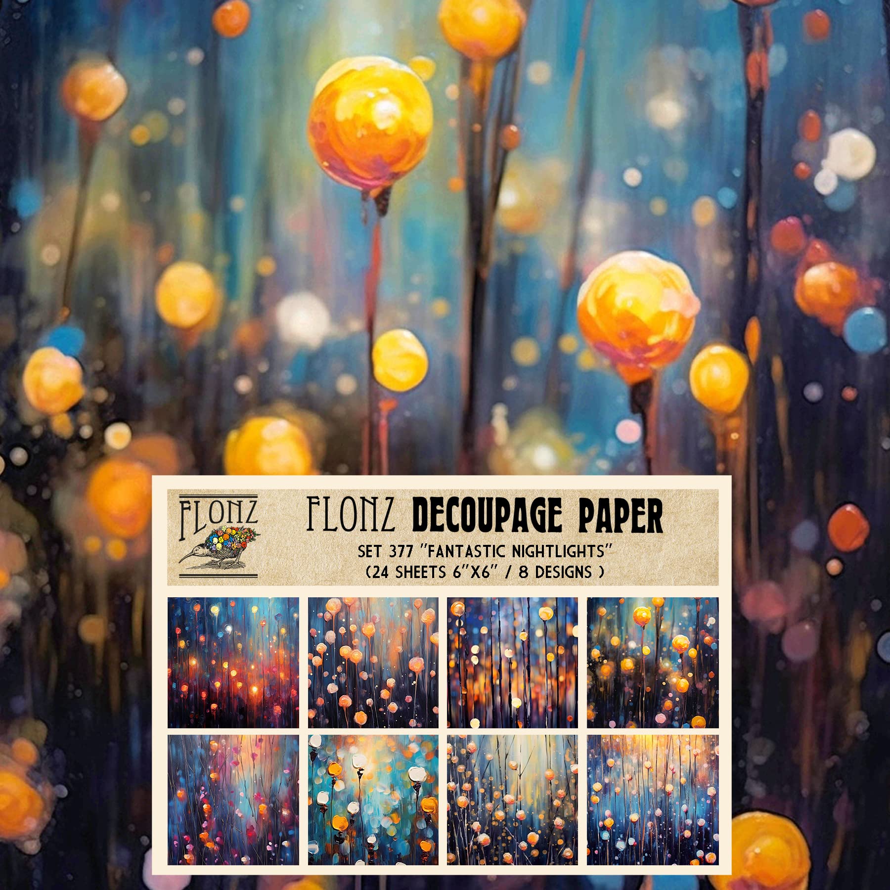 Flonz Decoupage Paper Pack (24 Sheets 6"x6") Fantastic Nightlights # Vintage Styled Pattern Paper for Decoupage, Craft and Scrapbooking
