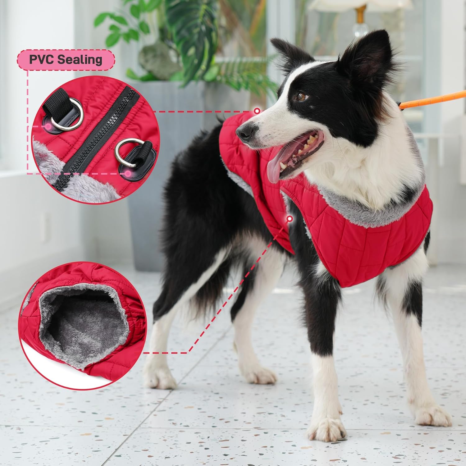 Warm Fleece Dog Coats with Durable Harness Buitl in D-Ring,Waterproof Puppy Jacket for Small Dogs,Dog Vest for Cold Winter,Red M