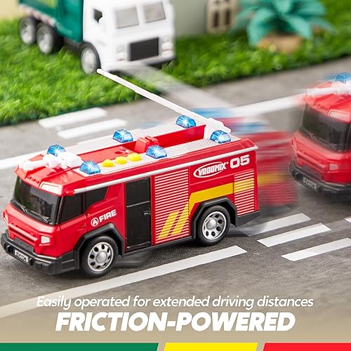 Miniatura 5 de Juego de 3 juguetes de vehículos de emergencia  Camión de basura alimentado por fricción, camión de bomberos y vehículo de construcción con luces y